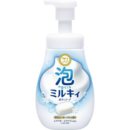 Milky foam body soap with a gentle soapy scent and pump included